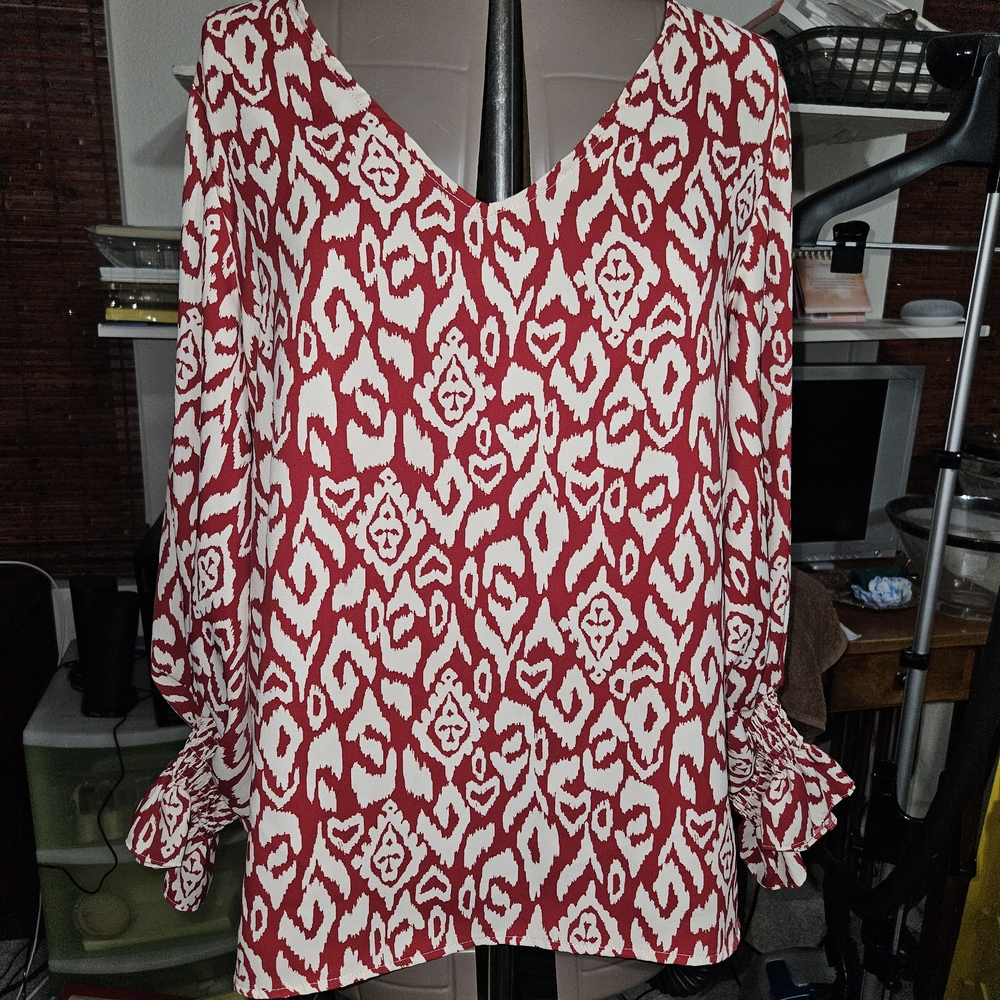 Vince Camuto Red and White Ikat Blouse
